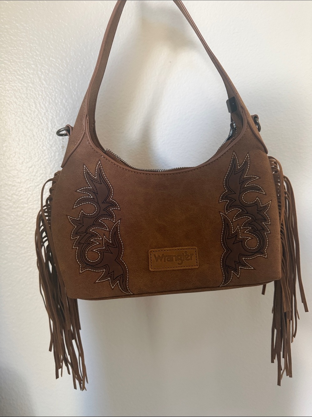 Wrangler Brown Suede Fringe Shoulder Bag with Embroidered Accents